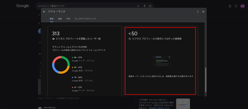 Googleビジネスプロフィールのパフォーマンス画面